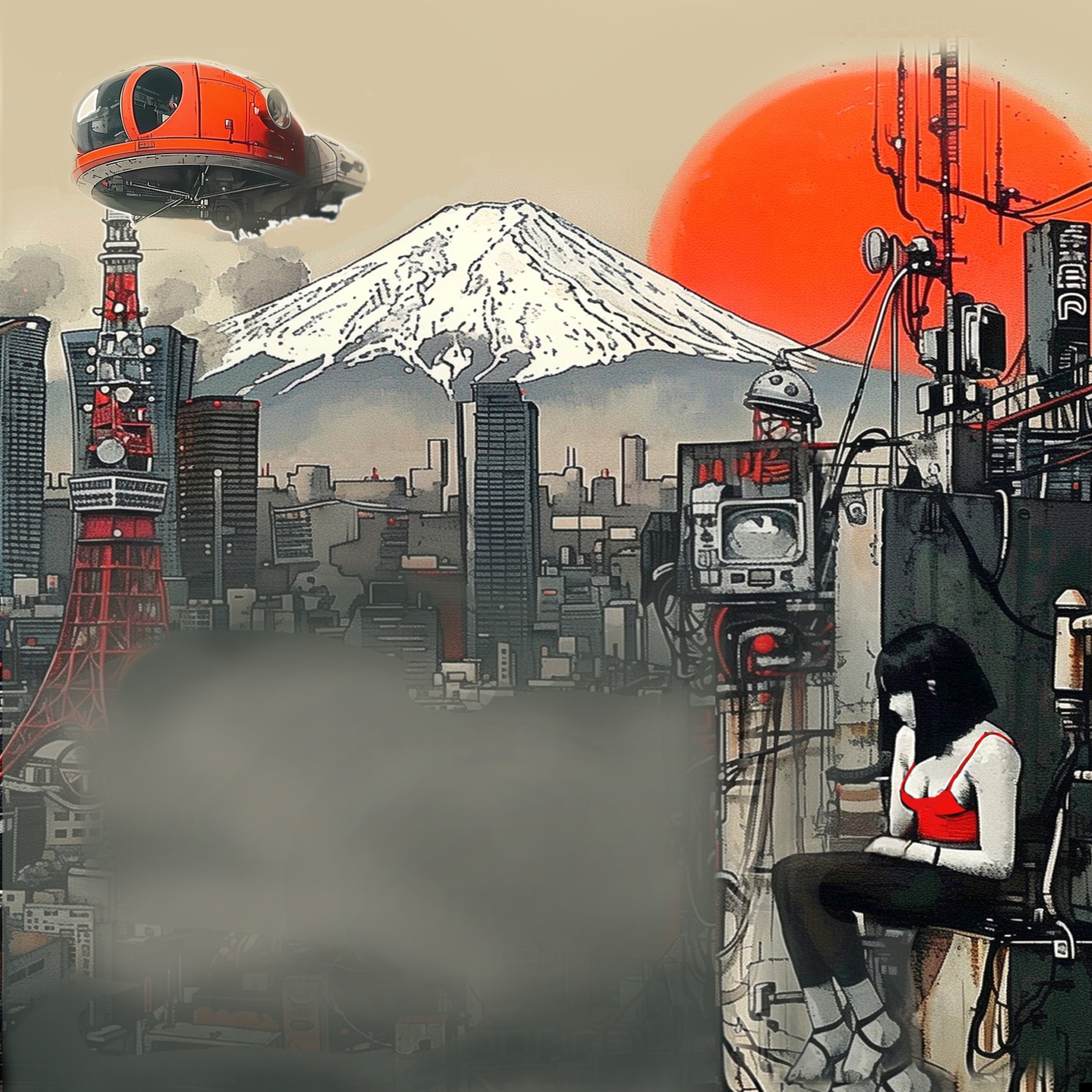 Mt. Fuji overlooking a futuristic city with an orange sun rising.